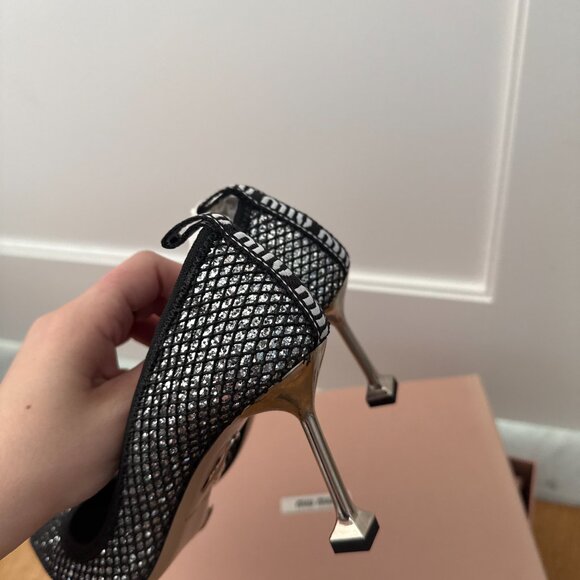 NWT Miu Miu Pointed Toe Pumps Black Mesh Silver Glitter High Heels 35.5 - Picture 12 of 12